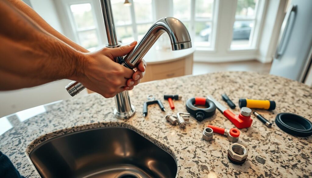 A well-lit, high-angle view of a professional faucet installation. In the foreground, a pair of skilled hands precisely aligning and securing a chrome-finished kitchen faucet onto a gleaming granite countertop. In the middle ground, an array of plumbing tools and fittings neatly arranged, ready for the task. The background reveals the spacious, modern kitchen, with light streaming in through large windows, creating a warm, inviting atmosphere. The scene conveys a sense of focus, attention to detail, and the satisfaction of a job well done, capturing the essence of a straightforward yet essential DIY plumbing project.