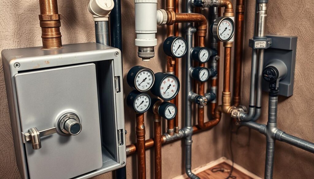 A well-lit, high-angle view of a residential plumbing system, showcasing various security measures. In the foreground, a sturdy metal lockbox encasing the main water shut-off valve, its door ajar to reveal the valve controls. In the middle ground, a series of water pressure gauges and flow meters, meticulously calibrated to monitor system performance. The background features a network of reinforced, corrosion-resistant pipes, expertly routed and secured to the walls, ensuring the integrity of the plumbing infrastructure. The overall atmosphere conveys a sense of order, reliability, and proactive maintenance, underscoring the importance of comprehensive plumbing security in the home.