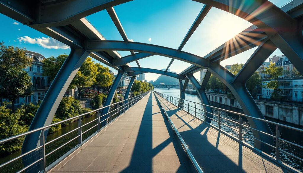 A well-lit, high-angle view of a sturdy, modern pedestrian bridge, spanning a tranquil urban waterway. The bridge's sleek steel and concrete structure is expertly engineered, featuring elegant arches and clean lines that seamlessly integrate with the surrounding cityscape. In the foreground, the bridge's smooth, wide walkway invites pedestrians to stroll, while the middle ground reveals lush greenery and charming architecture lining the riverbanks. The background showcases a vibrant, sun-dappled skyline, hinting at the bridge's role in enhancing urban connectivity. The overall scene conveys a sense of durability, functionality, and harmony between the engineered structure and its natural and built environments.