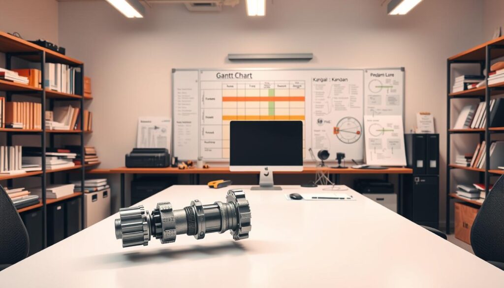 A well-lit, high-contrast office setting with a modern desk, computer, and an array of engineering tools and materials. In the foreground, a 3D model of a mechanical part hovers over the desk, its intricate details visible. In the middle ground, a whiteboard displays a Gantt chart, Kanban board, and other project management diagrams. The background features shelves filled with engineering manuals, textbooks, and technical specifications. Warm, focused lighting illuminates the scene, creating a productive and organized atmosphere for engineering project planning.