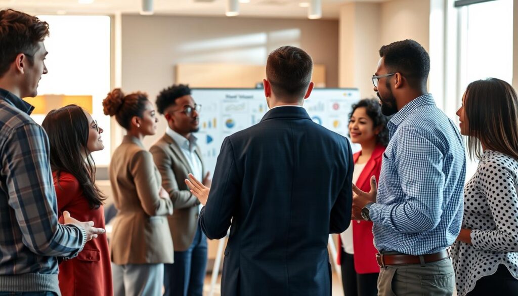 A well-lit, high-contrast scene depicting the central elements of communication skills. In the foreground, a group of diverse individuals engaged in an animated discussion, their body language and hand gestures conveying the fluidity of their exchange. In the middle ground, a whiteboard or digital display showcasing visualizations, data, and key talking points to facilitate the conversation. The background is softly blurred, hinting at a professional office setting with modern furnishings and warm, natural lighting. The overall atmosphere is one of collaboration, understanding, and the seamless flow of information, capturing the essence of effective communication skills.