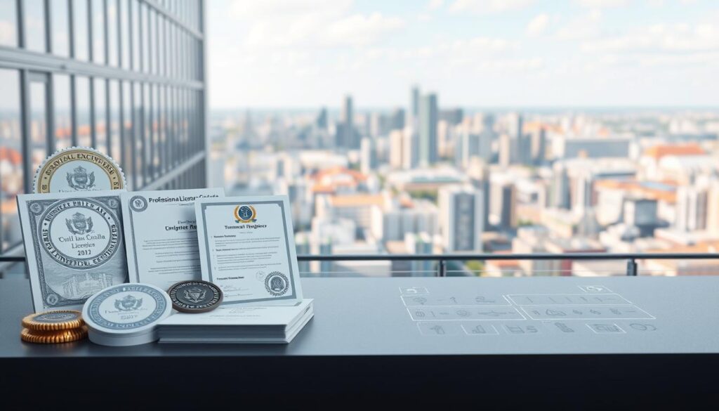 A well-lit, high-resolution architectural illustration showcasing the various licensing and certification requirements for civil engineers. Prominently displayed in the foreground are detailed 3D models of official seals, stamps, and documents representing professional engineering licenses and certifications. In the middle ground, sleek wireframe diagrams and infographics illustrate the step-by-step process for obtaining civil engineering licensure, with clear annotations and iconography. The background features a panoramic view of a modern cityscape, underscoring the practical importance of licensed civil engineering expertise in the built environment. The overall composition conveys a sense of authority, precision, and technical sophistication befitting the subject matter.
