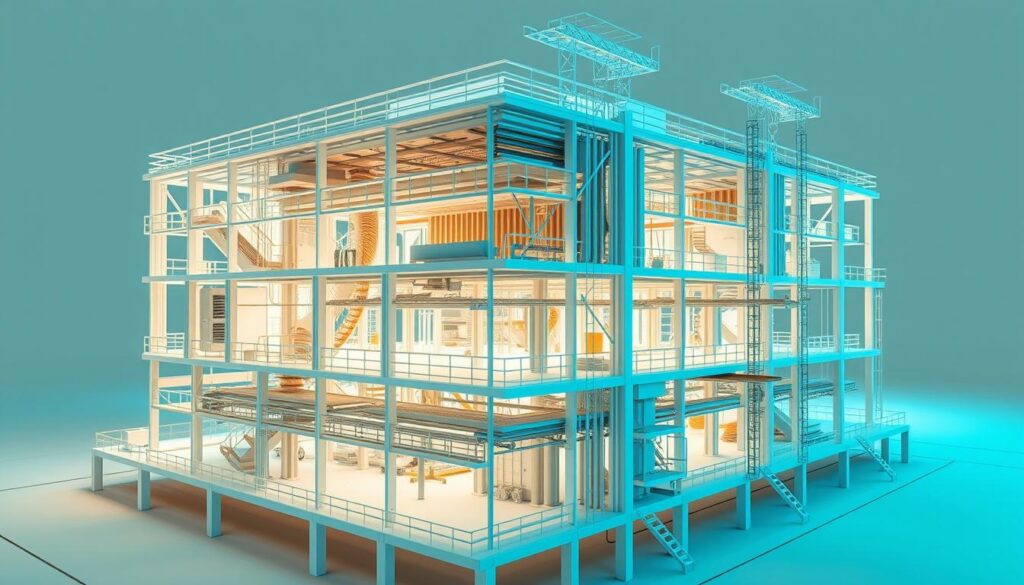 A well-lit, high-resolution architectural rendering of Revit BIM features, including a detailed 3D model of a building with intricate structural elements, MEP systems, and construction materials. The scene showcases the advanced modeling capabilities of Revit, with a clean, modern aesthetic and precise attention to detail. The camera angle provides a comprehensive overview, highlighting the software's ability to integrate various building components and simulate the construction process. The lighting is natural and evenly distributed, emphasizing the depth and complexity of the digital model. The overall atmosphere conveys the power and versatility of Revit as a leading BIM platform for engineering professionals.