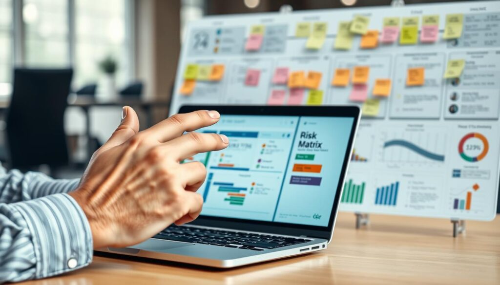 A well-lit, high-resolution close-up shot of an experienced project manager's hands gesturing on a touchscreen laptop, surrounded by various project management tools and visualizations. The foreground depicts the manager's hands deftly handling a Gantt chart, a risk matrix, and a dashboard of key performance indicators. The middle ground showcases a team collaboration board with sticky notes, project timelines, and communication channels. The background features a blurred office environment, emphasizing the manager's focus on the task at hand. The overall atmosphere conveys a sense of professionalism, efficiency, and a deep understanding of the multifaceted skills required for effective project management.