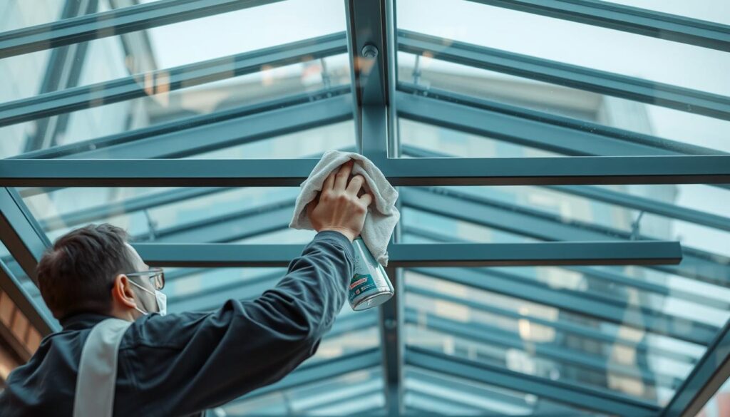 A well-lit, high-resolution closeup view of a person meticulously cleaning the intricate glass panels of a modern, bespoke glass canopy structure. The canopy is supported by sleek, minimalist metallic frames, and the glass surfaces are free of any visible dirt or imperfections. The worker is using a microfiber cloth and specialized glass cleaner, carefully wiping down each pane to maintain the canopy's pristine, reflective appearance. The scene exudes a sense of precision, attention to detail, and the importance of proper maintenance for such a premium architectural feature.