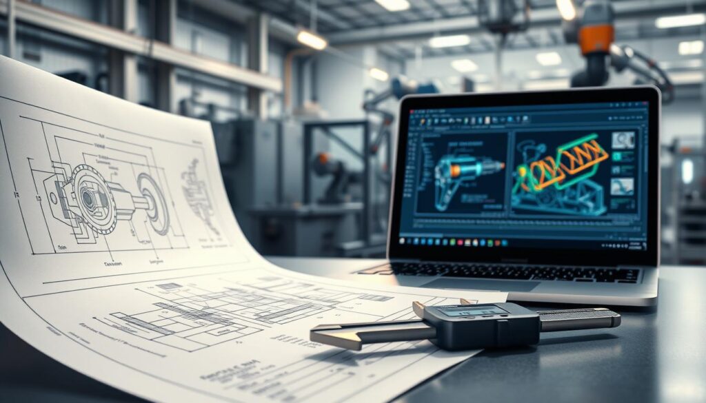 A well-lit, high-resolution illustration showcasing the essential skills of an entry-level mechanical engineer. In the foreground, a blueprint schematic of a complex mechanical assembly, with annotated dimensions and material specifications. In the middle ground, a trio of engineering tools - a digital caliper, a torque wrench, and a CAD software interface on a laptop screen. In the background, a sleek, modern factory setting with precision manufacturing equipment and robotic arms, casting a soft, diffused light. The overall atmosphere conveys the technical expertise, attention to detail, and problem-solving acumen required for an entry-level mechanical engineering role.