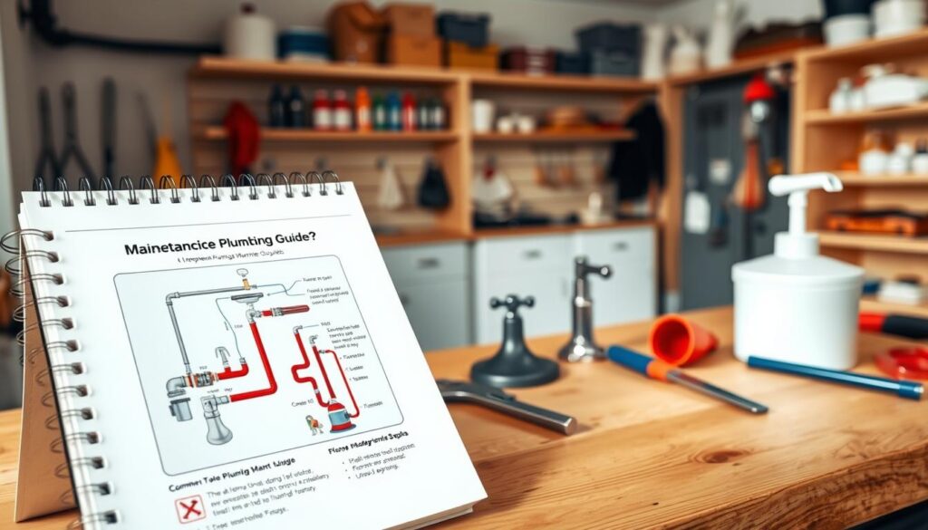 A well-lit, high-resolution image of a comprehensive plumbing maintenance guide. The foreground features a spiral-bound book with a glossy cover, displaying a detailed diagram of a common plumbing issue and the necessary tools. The middle ground showcases various plumbing fixtures, such as a faucet, a pipe wrench, and a plunger, arranged neatly on a wooden workbench. The background depicts a clean, organized garage or workshop setting, with shelves of neatly stored plumbing supplies and tools. The lighting is soft and natural, creating a warm, inviting atmosphere that conveys the importance of proactive plumbing maintenance for homeowners.