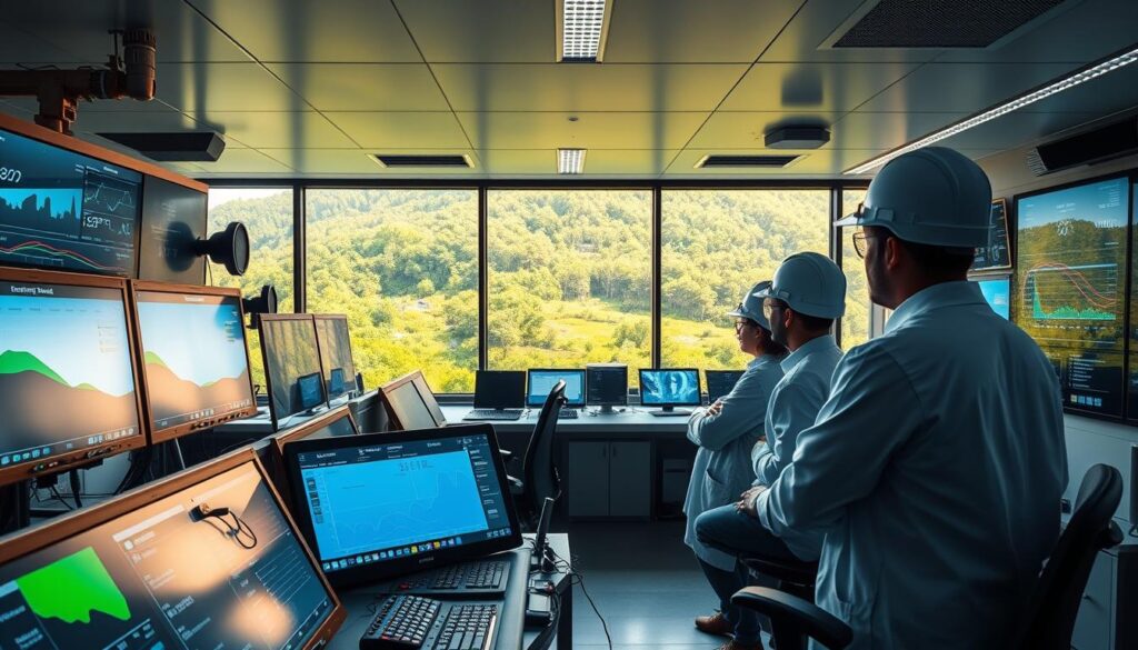 A well-lit, high-resolution image of a modern environmental monitoring control room. In the foreground, an array of advanced sensor panels and dashboards displaying real-time data on air quality, water levels, and climate conditions. In the middle ground, technicians in lab coats and hardhats closely monitoring the instruments. In the background, a large, panoramic window overlooking a lush, verdant landscape, bathed in warm, natural lighting. The overall scene conveys a sense of scientific precision, technological innovation, and a deep commitment to sustainable environmental stewardship.