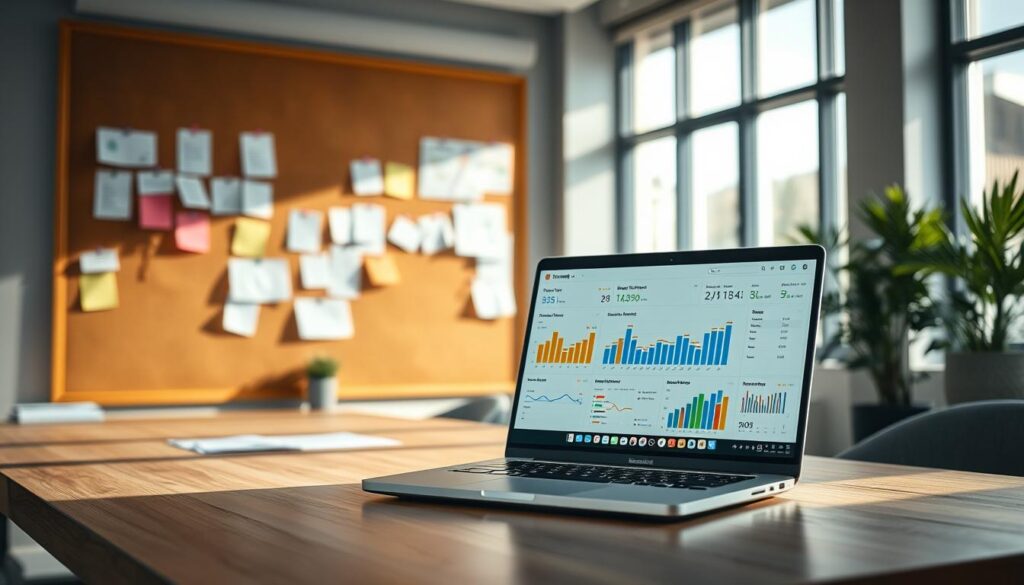 A well-lit, high-resolution image of a modern office workspace. On the desk, a laptop displays an interactive dashboard with various metrics and key performance indicators related to project management, such as timeline, budget, resource utilization, and client satisfaction. Behind the laptop, a corkboard showcases post-it notes, Gantt charts, and other project management tools. The room is bathed in soft, natural lighting from large windows, creating a productive and focused atmosphere. The camera angle is slightly elevated, capturing the scene from an authoritative, bird's-eye perspective.