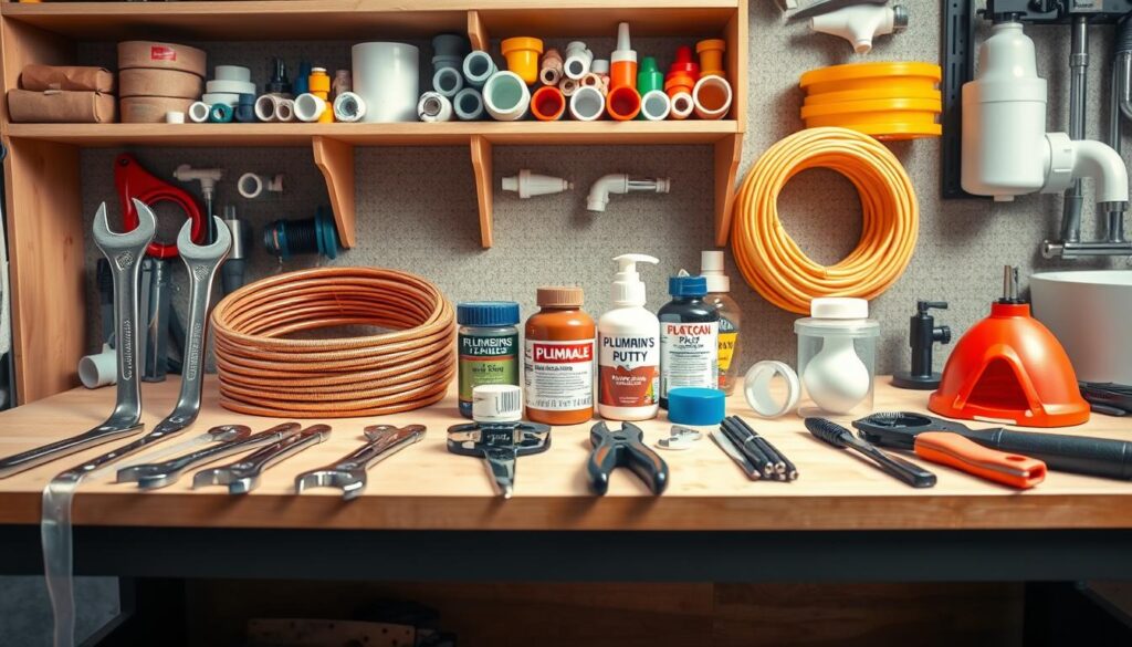 A well-lit, high-resolution image of a neatly organized workbench displaying various plumbing tools and materials. In the foreground, a set of adjustable wrenches, pliers, a basin wrench, and a pipe cutter are arranged in an aesthetically pleasing manner. In the middle ground, a coil of copper piping, a bottle of plumber's putty, and a roll of Teflon tape are visible. The background showcases shelves stocked with additional plumbing supplies, such as PVC fittings, a basin sink, and a plunger. The overall scene conveys a sense of preparedness and confidence in tackling common plumbing issues.