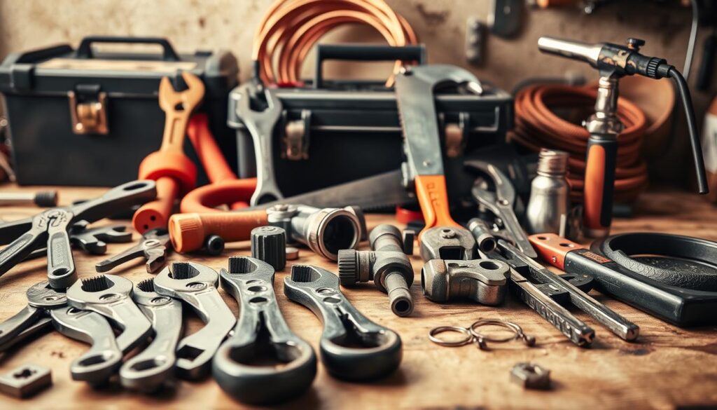 A well-lit, high-resolution image of an assortment of essential plumbing tools arranged on a wooden workbench. In the foreground, a collection of basic tools like pliers, wrenches, and a plunger. In the middle ground, a hacksaw, pipe cutter, and basin wrench. In the background, a toolbox, a coil of copper piping, and a handheld torch. The lighting is warm and natural, creating soft shadows and highlights that emphasize the textures and details of the tools. The composition is balanced and visually appealing, conveying a sense of organization and professionalism suitable for a homeowner's guide to plumbing basics.
