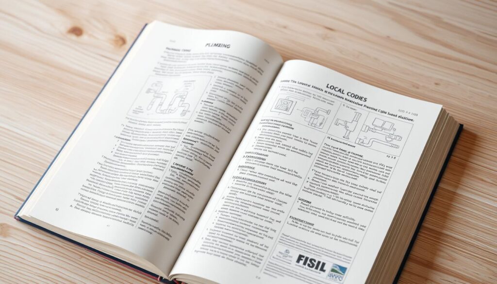 A well-lit, high-resolution image of an open book displaying a detailed page of local plumbing codes and regulations. The page features intricate diagrams, technical drawings, and step-by-step instructions for proper plumbing installation and maintenance. The book is placed on a clean, wooden surface, surrounded by subtle ambient lighting that highlights the clarity and precision of the text and illustrations. The overall composition conveys a sense of professionalism, expertise, and the importance of understanding local plumbing codes for responsible homeowner repairs.