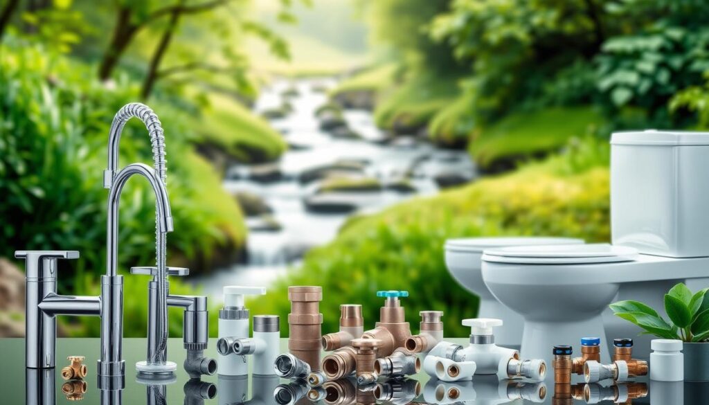 A well-lit, high-resolution image of eco-friendly plumbing products. In the foreground, an array of water-efficient faucets, showerheads, and toilets in sleek, modern designs. The middle ground showcases an assortment of pipe fittings, valves, and connectors made from recycled materials. In the background, a lush, green landscape with a flowing stream, suggesting the natural, sustainable approach to plumbing. The lighting is soft and natural, highlighting the products' clean lines and eco-friendly materials. The overall atmosphere conveys a sense of environmental responsibility and innovation in the plumbing industry.
