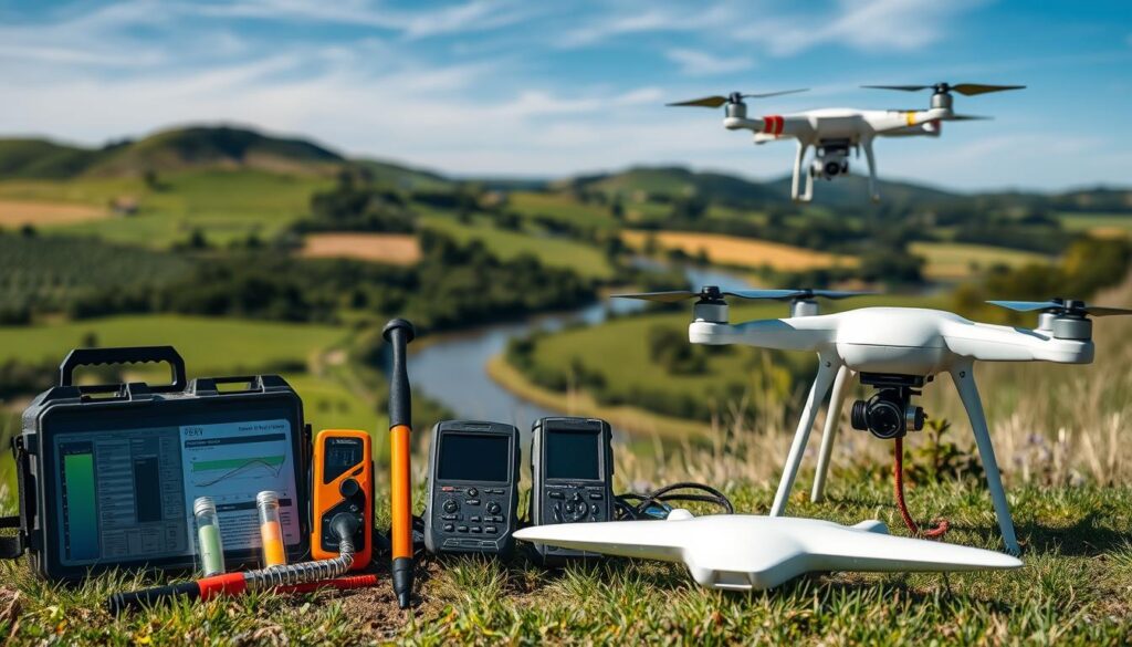 A well-lit, high-resolution image of various environmental management tools arranged in the foreground, including a water quality testing kit, a soil sampling probe, a handheld GPS device, and a drone with a high-resolution camera. In the middle ground, a lush, verdant landscape with rolling hills and a winding river. In the background, a clear blue sky with wispy clouds. The overall scene conveys a sense of modern, technologically-driven environmental monitoring and stewardship, with the tools positioned to highlight their purpose and functionality.