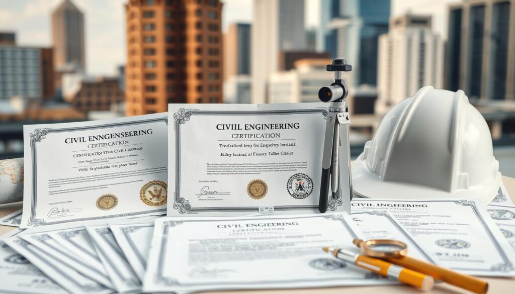 A well-lit, high-resolution image showcasing a collection of civil engineering certifications and credentials. In the foreground, various certificates and licenses are neatly arranged, displaying recognized industry standards and accreditations. The middle ground features engineering tools, such as a hardhat, surveying equipment, and a drafting compass, to reinforce the professional context. The background depicts a blurred, architectural cityscape, hinting at the practical application of these qualifications. The overall composition conveys a sense of expertise, dedication, and the importance of certifications for entry-level civil engineers.