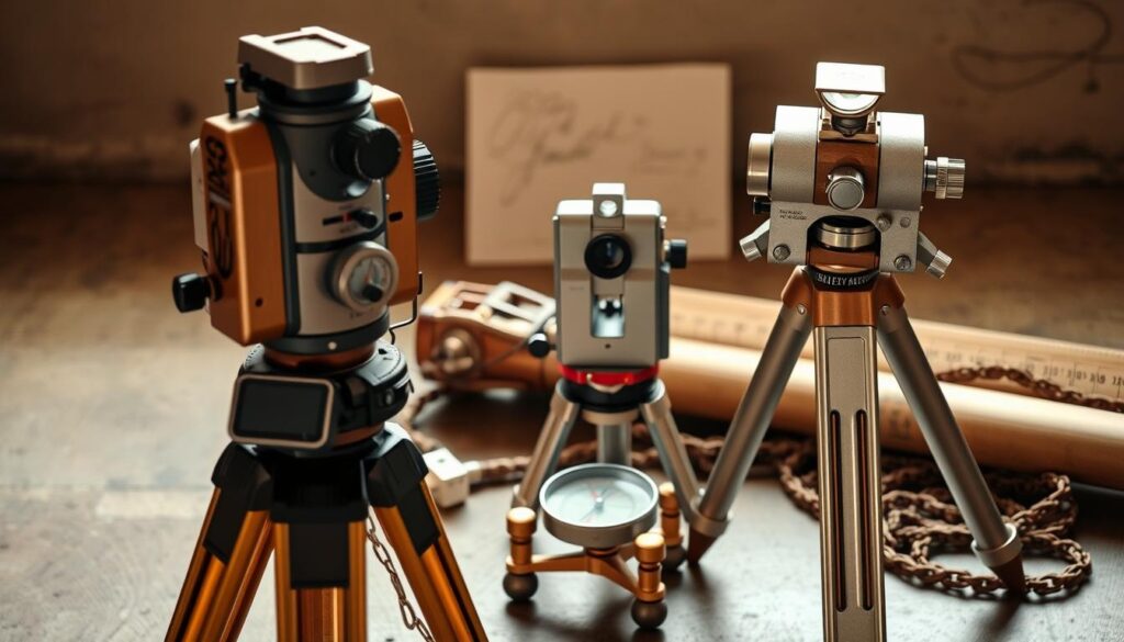 A well-lit, high-resolution image showcasing an array of classic surveying instruments. In the foreground, a tripod-mounted theodolite stands prominently, its precise optics and finely calibrated dials. Nearby, a surveyor's compass rests on a leveled surface, its magnetic needle precisely aligning. In the middle ground, a surveyor's level with a telescopic sight sits atop a sturdy tripod, ready to precisely measure elevations. In the background, a vintage surveyor's chain and folding ruler hint at the rich history of this essential civil engineering discipline. The scene is bathed in warm, natural lighting, capturing the precision and craftsmanship of these indispensable tools.