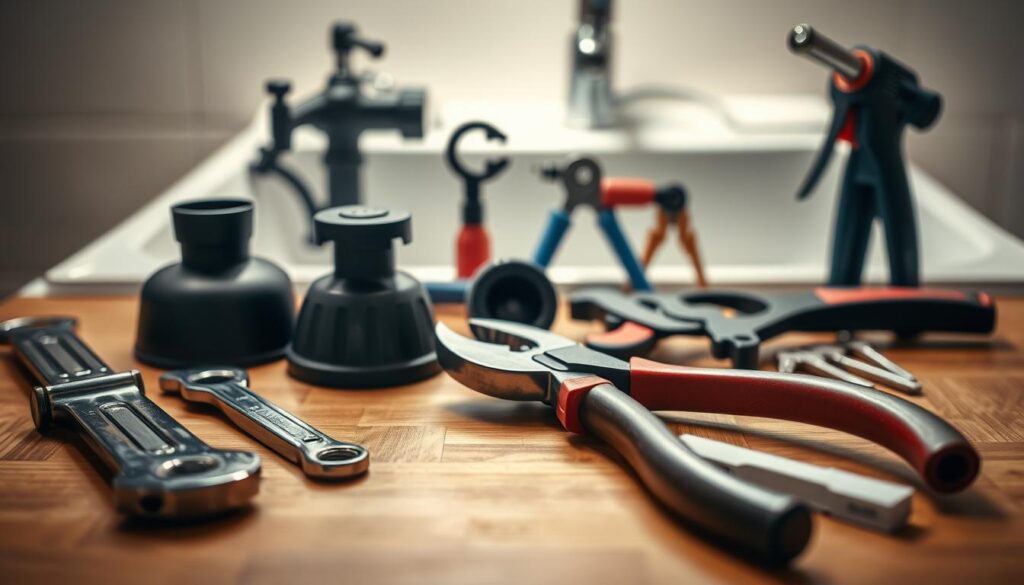 A well-lit, high-resolution image showcasing an assortment of essential plumbing tools. In the foreground, a wrench, plunger, pliers, and a pipe cutter are neatly arranged on a clean wooden surface. In the middle ground, a basin wrench, a blowtorch, and a set of allen keys are prominently displayed. The background features a subtle, blurred image of a sink and faucet, hinting at the real-world applications of these tools. The lighting is soft and natural, creating a warm, inviting atmosphere that emphasizes the importance of these tools for effective, hassle-free plumbing repairs.