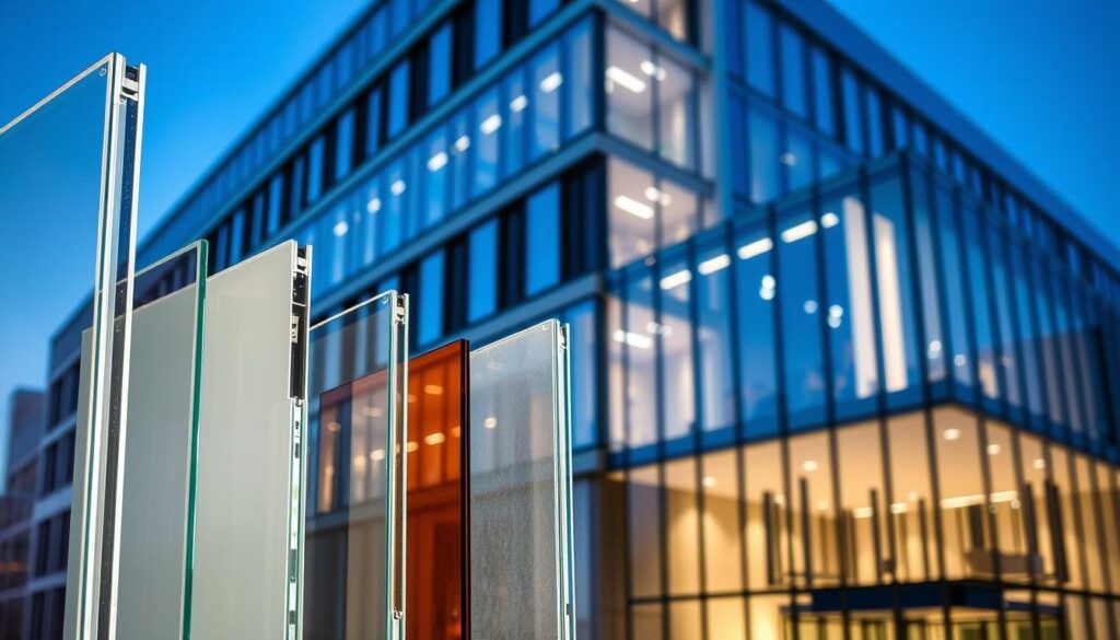 A well-lit, high-resolution image showcasing different types of fire-rated glazing options for building facades. The foreground features a selection of glass panels with clear, tinted, and frosted finishes, highlighting their visual and functional properties. The middle ground depicts the installation of these panels in a contemporary architectural setting, with a focus on seamless integration and safety compliance. The background provides context, depicting a modern multi-story building with a striking, minimalist facade design. The overall scene conveys a sense of technical expertise, innovation, and the importance of balancing aesthetics and fire safety in façade design.