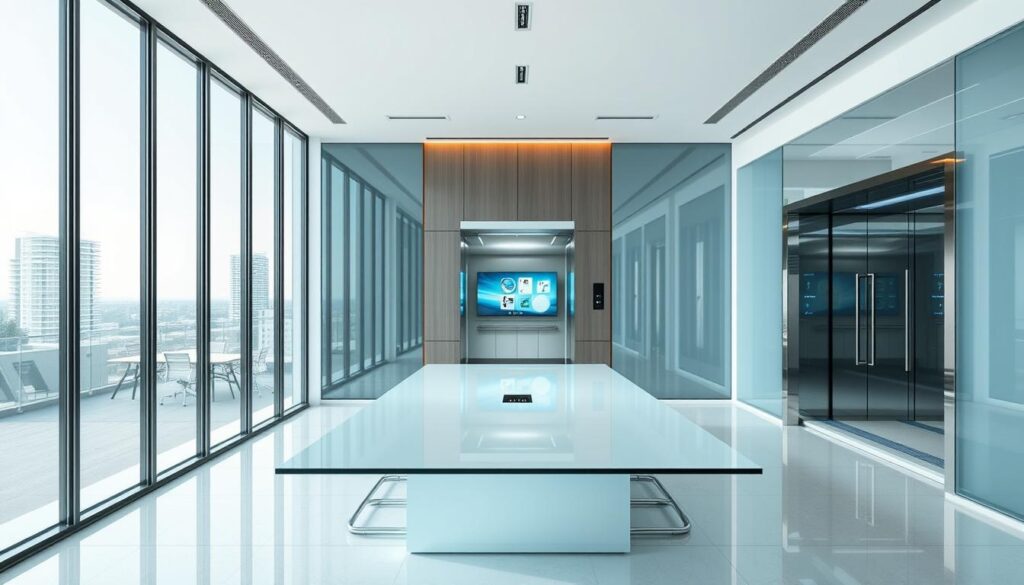 A well-lit, high-resolution interior scene showcasing various applications of smart glass technology. In the foreground, a modern office space with floor-to-ceiling smart glass windows that intelligently adjust their tint and transparency to control glare and optimize natural lighting. In the middle ground, a sleek, minimalist smart glass conference table that can transition from opaque to transparent for presentations. In the background, a futuristic smart glass elevator with seamless integration of digital displays. The overall atmosphere conveys a sense of sophisticated, cutting-edge technology that enhances productivity, energy efficiency, and user experience.