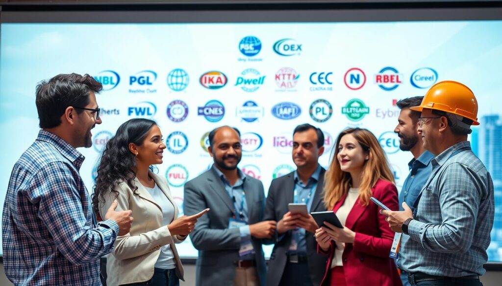 A well-lit, high-resolution photograph of a group of diverse civil engineers and construction professionals standing in front of a backdrop featuring various international engineering certification logos and seals. The foreground shows the group engaged in animated conversation, gesturing and exchanging business cards, conveying a sense of vibrant networking and professional collaboration. The middle ground showcases the certification logos in sharp focus, arranged in a grid or mosaic pattern, representing the global standards and accreditations within the industry. The background features a blurred cityscape, hinting at the global reach and interconnectedness of the engineering community. The overall mood is one of achievement, camaraderie, and the shared pursuit of excellence through certification.