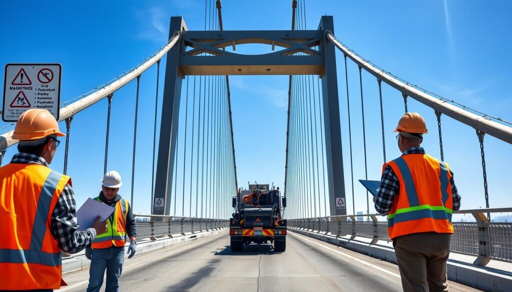 A well-lit, high-resolution photograph of a large suspension bridge against a clear blue sky. In the foreground, a group of bridge engineers in hard hats and safety vests inspect the bridge's structural components, clipboard in hand. In the middle ground, a truck carrying road repair equipment drives along the bridge deck. The background features detailed signage and warning labels outlining various bridge maintenance regulations and protocols. The overall scene conveys a sense of diligence, oversight, and adherence to stringent safety standards.