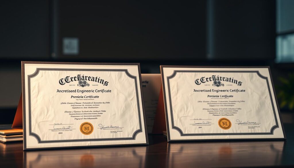 A well-lit, high-resolution photograph of several accredited engineering degree certificates displayed on a dark wooden desk. The certificates are arranged neatly, each with a distinctive university crest or logo. The lighting casts a warm, professional glow, highlighting the intricate details and textured parchment. The background is softly blurred, emphasizing the focal point of the certificates. The image conveys a sense of academic rigor, prestige, and the importance of quality assurance in engineering education.