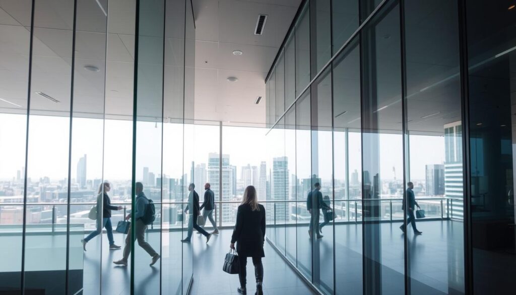 A well-lit, high-resolution photograph of various anti-reflective glass solutions in an architectural setting. The foreground features different types of anti-reflective glass panels, showcasing their clarity, lack of glare, and seamless integration into a modern building facade. The middle ground depicts the glass in use, with people moving through the space, their reflections barely visible. The background displays an urban cityscape, emphasizing how the anti-reflective glass solutions enhance visibility and minimize distractions. The lighting is natural, with soft shadows and highlights accentuating the glass's properties. The overall atmosphere conveys a sense of clarity, openness, and improved visibility through the thoughtful application of anti-reflective architectural glass.