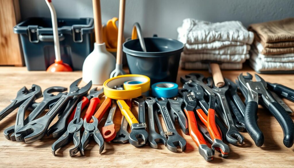 A well-lit, high-resolution photograph showcasing an assortment of essential DIY plumbing repair tools. The foreground features a variety of pliers, wrenches, and pipe cutters arranged neatly on a wooden workbench. The middle ground includes a plunger, a bucket, and a roll of duct tape. In the background, a toolbox and a stack of towels provide a sense of organization and preparedness. The lighting is natural and directional, casting subtle shadows that highlight the textures and details of the tools. The overall composition conveys a sense of professionalism and practicality, perfectly suited for illustrating a guide on quick and easy plumbing repairs for homeowners.