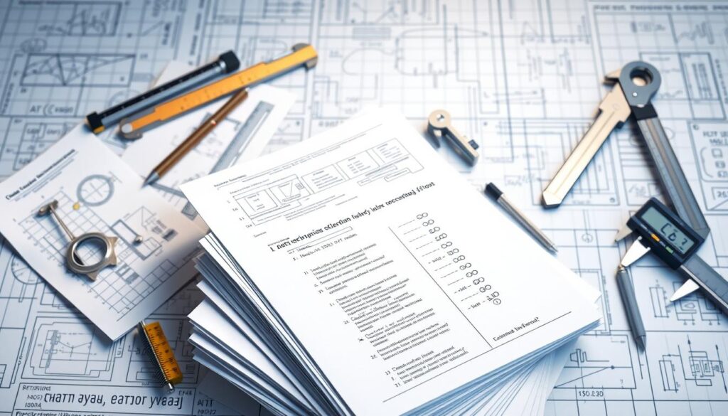 A well-lit, high-resolution rendering of an assortment of civil engineering board exam questions. The foreground features a stack of test papers with complex technical diagrams, formulas, and multiple-choice options. The middle ground showcases a variety of engineering tools and instruments, such as a surveyor's compass, a T-square, and a digital caliper. The background depicts a blueprint-like grid pattern, symbolizing the structured and analytical nature of the civil engineering discipline. The overall scene conveys a sense of academic rigor and professional expertise, capturing the essence of the "Types of Civil Engineering Board Exam Questions" section.
