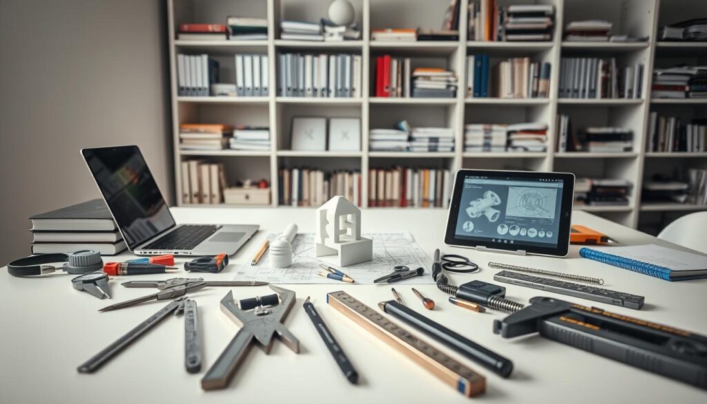 A well-lit, high-resolution studio shot of an assortment of engineering problem-solving tools arranged on a clean, minimalist workbench. In the foreground, a collection of calipers, protractors, and technical drawing instruments. In the middle ground, a laptop computer, a 3D-printed model, and a tablet displaying technical schematics. In the background, shelves filled with textbooks, notebooks, and reference materials. The lighting is bright and even, with soft shadows to accentuate the textures and details of the tools. The overall mood is one of focused productivity and problem-solving.