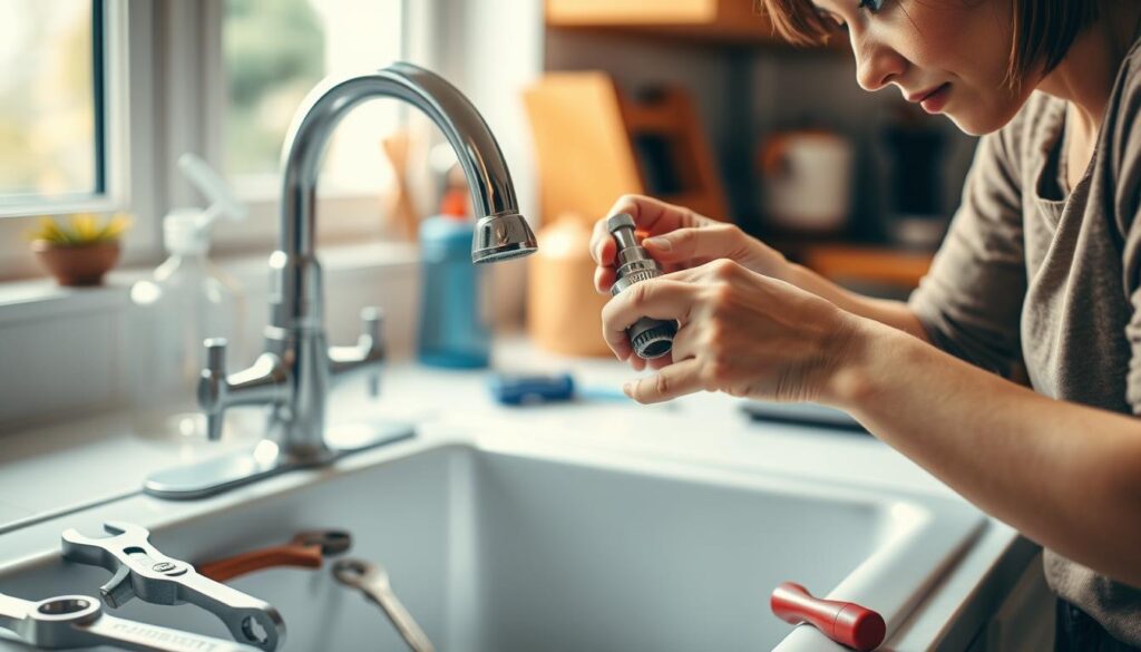 A well-lit home workshop, the focal point a kitchen sink with a leaky faucet. On the counter, an assortment of plumbing tools - adjustable wrench, basin wrench, pliers, and a replacement faucet cartridge. In the foreground, a DIY enthusiast's hands skillfully disassembling the faucet, a look of determination on their face. The background softly blurred, emphasizing the task at hand. Warm, natural lighting casts a gentle glow, creating a serene, focused atmosphere for this step-by-step guide to fixing a leaky faucet.