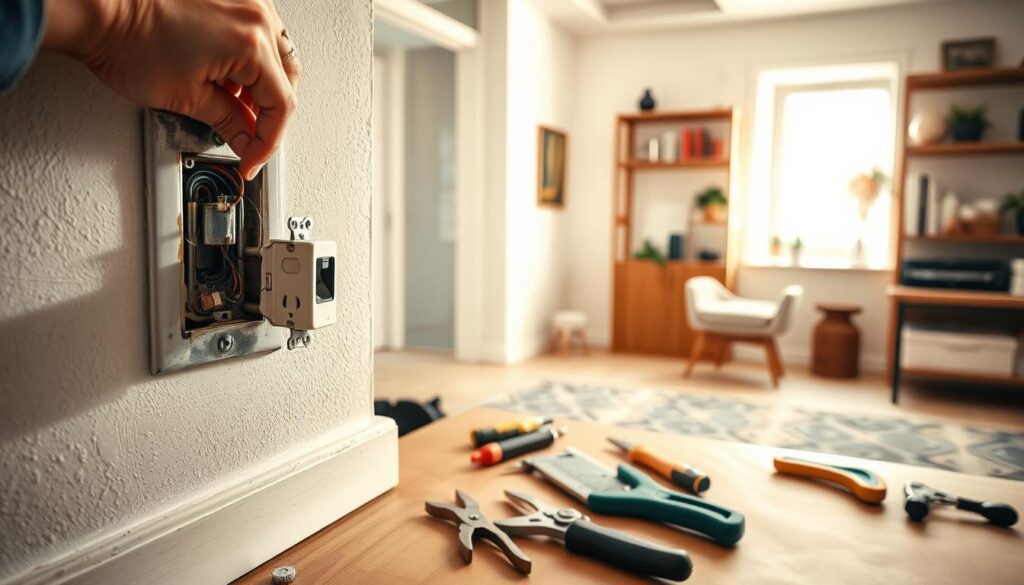 A well-lit home workshop, with a mid-century modern aesthetic. In the foreground, a person's hands are carefully examining a broken electrical outlet, the wall's surface revealing its inner workings. The outlet cover lies nearby, allowing access to the wiring and components. In the middle ground, various tools - pliers, screwdrivers, wire strippers - are neatly arranged, ready to assist in the repair. The background showcases tasteful decor, such as a geometric-patterned area rug and a minimalist wooden shelving unit, creating a sense of order and competence. The overall mood is one of focused concentration and a methodical approach to resolving the electrical issue.