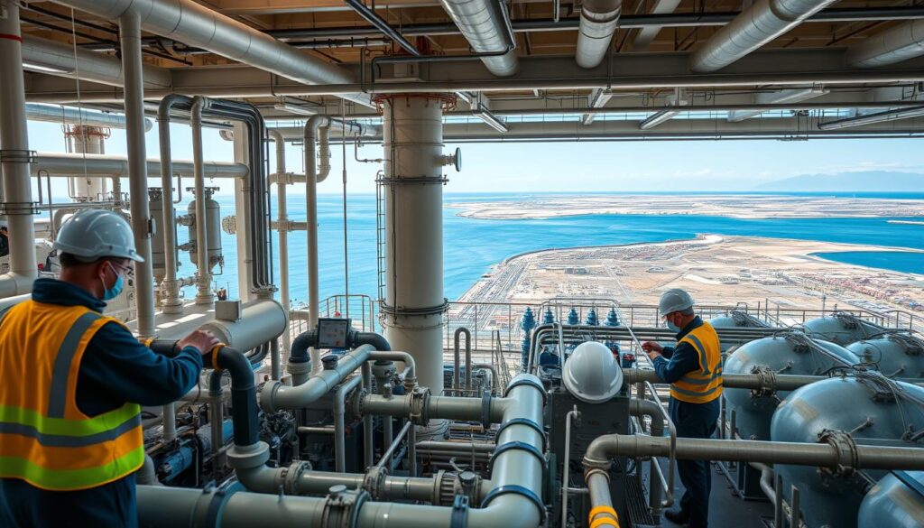 A well-lit industrial facility with a vast desalination plant in the foreground. Workers in protective gear diligently maintain the complex machinery, checking pipes, valves, and filters. The middle ground showcases the plant's intricate infrastructure, with towering distillation columns and reverse osmosis membranes. In the background, a sprawling coastal landscape with a calm, azure sea. The scene conveys a sense of precision, efficiency, and environmental stewardship as the team ensures the smooth operation of this critical water treatment system.