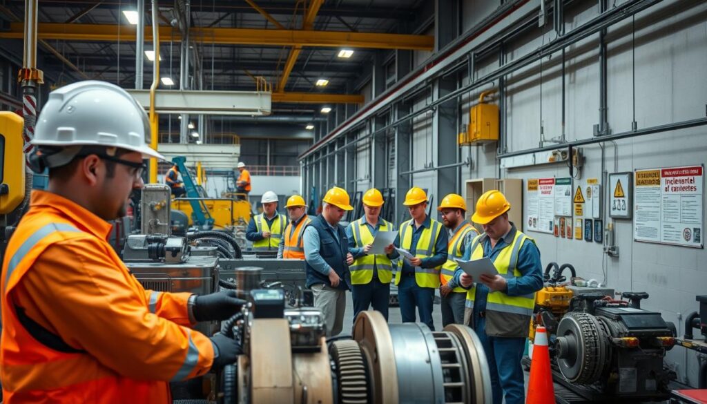A well-lit industrial factory setting, with workers donning safety gear and engaged in various safety-focused tasks. In the foreground, a worker operates heavy machinery, while another inspects equipment. In the middle ground, teams collaborate on safety protocols and review incident reports. In the background, signage and safety posters adorn the walls, emphasizing the importance of workplace hazard awareness and prevention. The scene conveys a sense of diligence, collaboration, and a commitment to upholding rigorous occupational safety and health standards in an industrial engineering context.