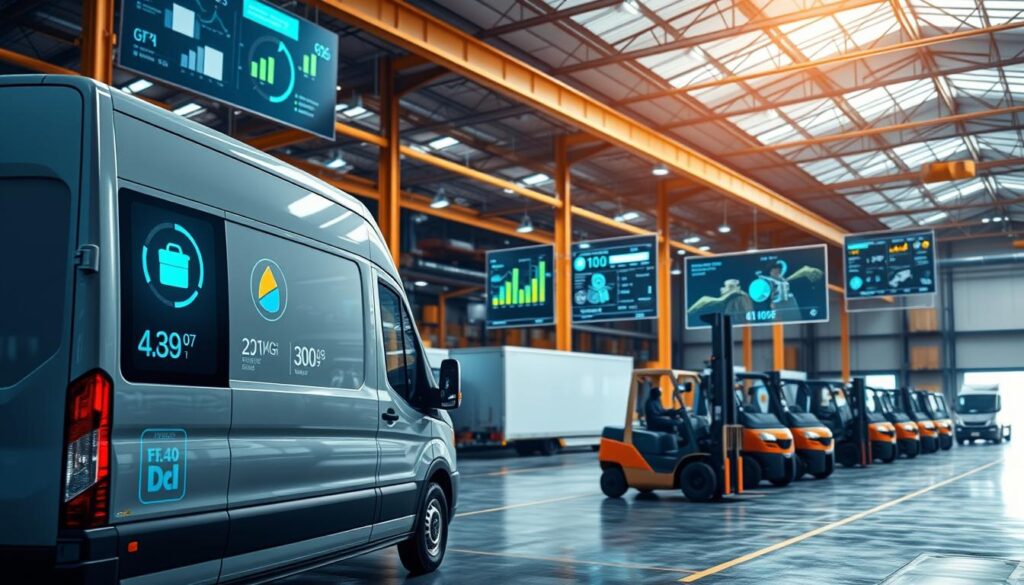 A well-lit industrial warehouse interior, showcasing a fleet of transportation vehicles equipped with IoT sensors and GPS tracking devices. In the foreground, a delivery van with a transparent side panel displays real-time data on its location, mileage, and maintenance status. In the middle ground, a group of forklifts and cargo trucks are strategically positioned, their movements and load capacities monitored on a central digital dashboard. The background features a network of interconnected screens, displaying analytics and optimization algorithms for efficient asset utilization and predictive maintenance. The scene conveys a sense of technological sophistication, data-driven decision-making, and streamlined transportation operations.