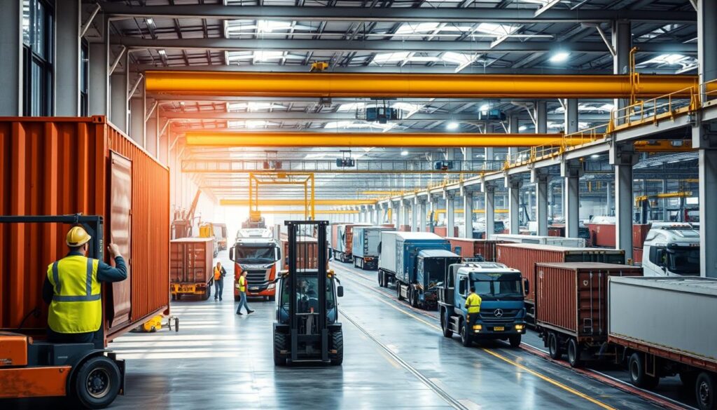 A well-lit industrial warehouse interior, showcasing the safety standards and practices in intermodal transportation. In the foreground, a forklift operator meticulously secures a shipping container, following strict protocols. In the middle ground, cargo is being efficiently loaded and unloaded from trucks and railcars, with workers wearing high-visibility safety gear. The background features a complex network of conveyor belts, gantry cranes, and intermodal hubs, all operating under a precise system of signals and traffic control. The scene conveys a sense of order, precision, and a commitment to upholding the highest safety standards in the efficient movement of goods across multiple modes of transportation.