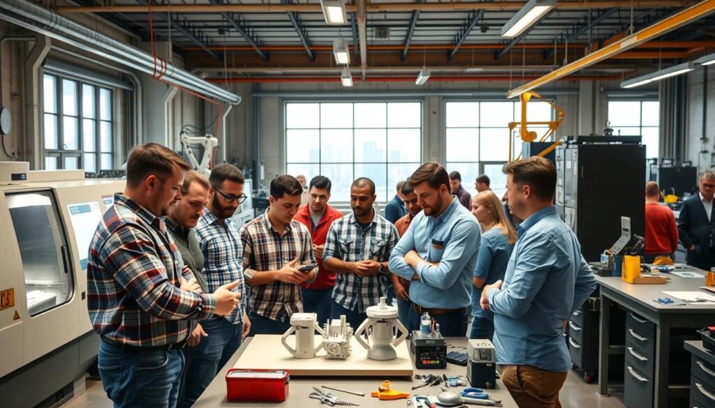 A well-lit industrial workshop, filled with a diverse team of engineers collaborating on cutting-edge projects. In the foreground, a group of engineers gather around a 3D-printed prototype, discussing design improvements with intense focus. The middle ground showcases an array of modern engineering tools and equipment, including a CNC machine, a robotic arm, and a high-tech workbench. In the background, large windows offer a view of a city skyline, hinting at the broader context of the team's work and its impact. The overall atmosphere conveys a sense of dynamism, innovation, and a commitment to continuous improvement, reflecting the "Fostering a Culture of Continuous Improvement" theme.