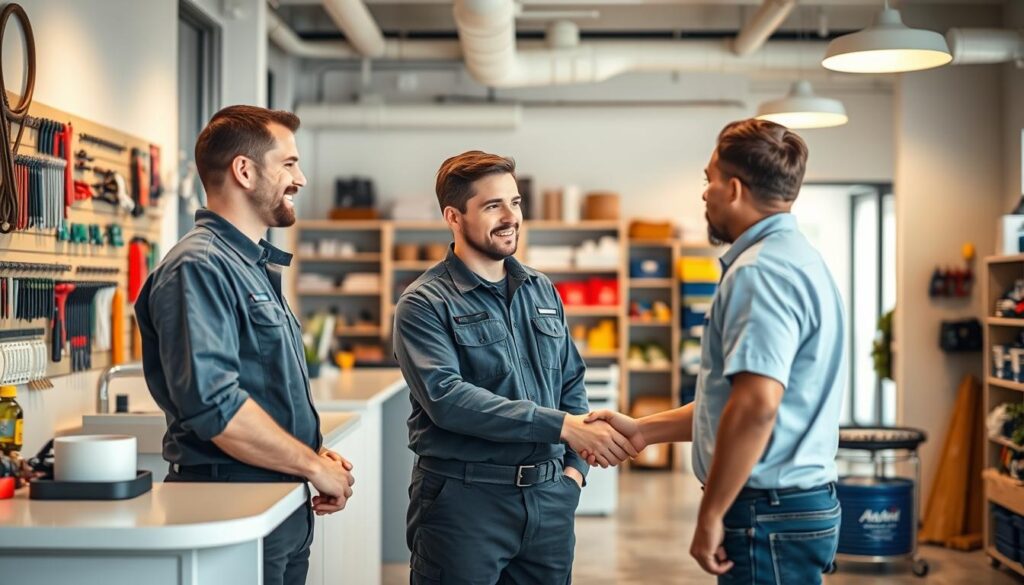 A well-lit interior of a professional plumbing company's office. In the foreground, two experienced plumbers in uniform shake hands with a client, discussing their services. The middle ground features a reception desk and a display of plumbing tools and equipment. The background showcases a clean, organized workspace with shelves of parts and supplies. The lighting is warm and inviting, creating a sense of professionalism and expertise. The scene conveys the reliability and trustworthiness of hiring skilled plumbers to handle home repairs.