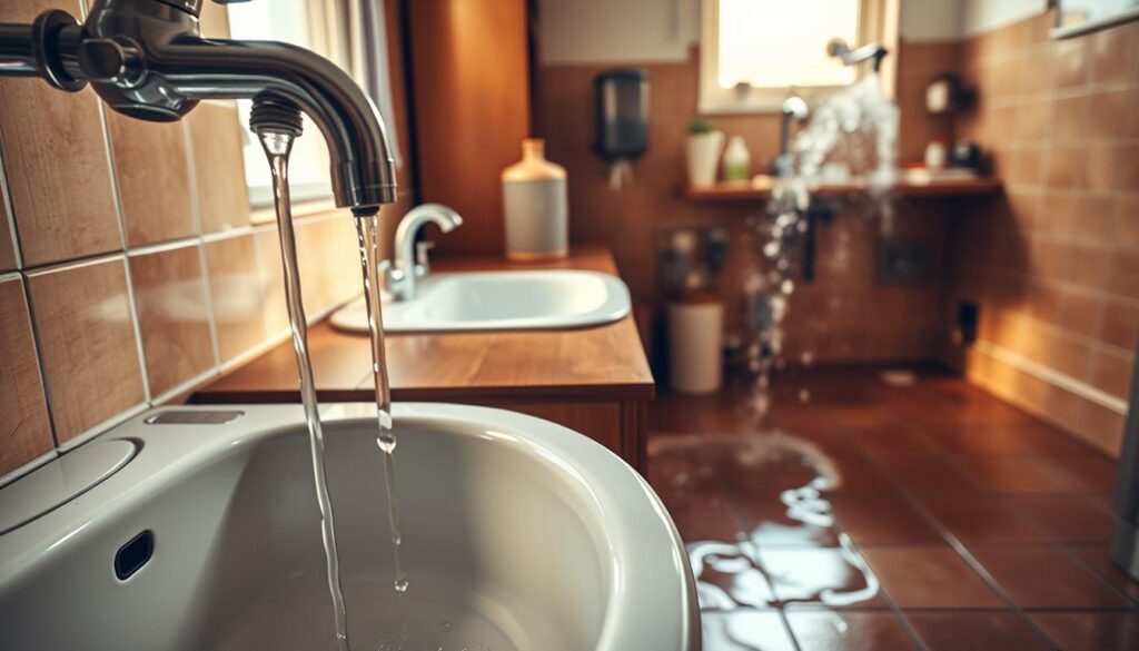 A well-lit interior scene depicting common household plumbing issues. In the foreground, a leaky faucet drips steadily into a sink, water stains the basin. In the middle ground, a blocked drain causes a sink to overflow, puddles of water accumulate on the countertop. In the background, a burst pipe sprays water across the tiled floor. The scene is lit by warm, natural light filtering through a window, casting soft shadows. The overall mood is one of domestic frustration and the need for urgent DIY plumbing repairs.