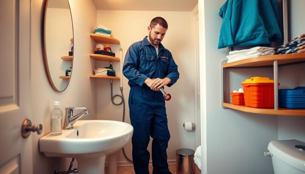 A well-lit interior scene of a residential bathroom, with a sink, toilet, and a plumber working on the pipes under the sink. The plumber is wearing a blue jumpsuit and is using a wrench to tighten a pipe connection. The bathroom is clean and organized, with shelves holding plumbing tools and supplies. The lighting is warm and natural, creating a calming atmosphere. The scene conveys a sense of professionalism and attention to detail, reflecting the preventative maintenance tips for plumbing systems in a home.