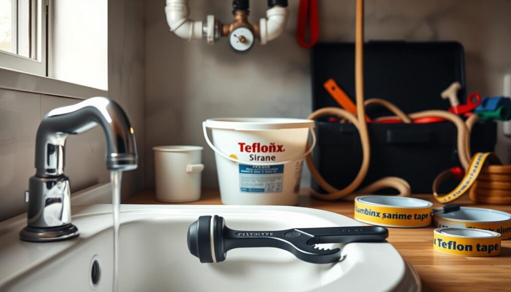 A well-lit interior scene showcasing various plumbing prevention tips. In the foreground, a sink with a dripping faucet, a plunger, and a wrench. In the middle ground, a wall-mounted pipe with a shut-off valve and a bucket to catch leaks. In the background, a toolbox, a plumber's snake, and a roll of Teflon tape. The lighting is soft and natural, creating a warm, informative atmosphere. The overall composition highlights the essential tools and techniques for proactively maintaining a home's plumbing system.
