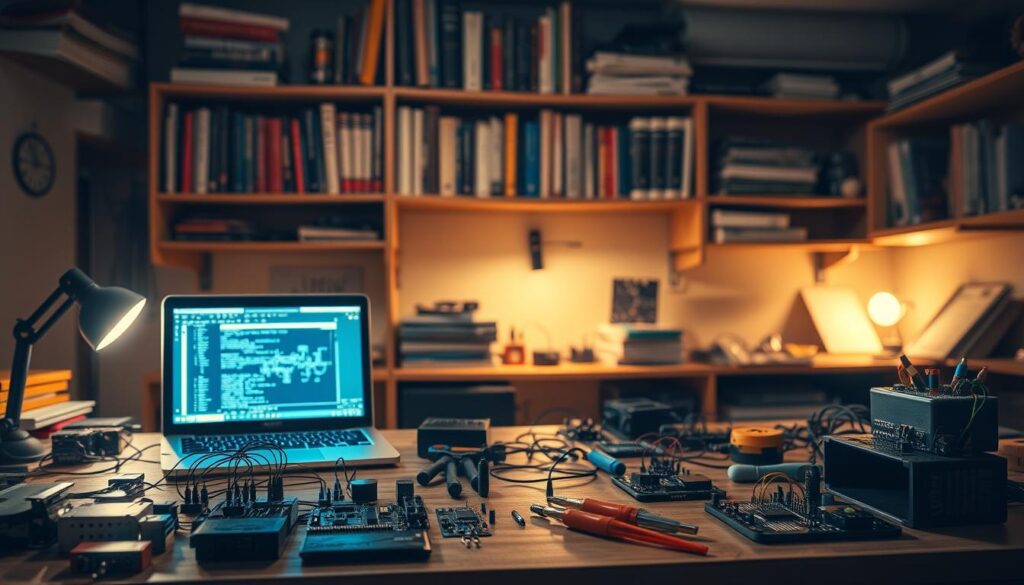 A well-lit, intriguing STEM project workspace. The foreground features an array of electronic components, circuitry, and tools neatly arranged on a wooden workbench. A glowing laptop screen displays a schematic or code in the middle ground. In the background, shelves hold various textbooks, manuals, and prototypes, hinting at the depth of knowledge and creativity within this inspiring space. Warm, focused lighting casts a contemplative atmosphere, inviting the viewer to imagine the innovative projects that could be birthed here.