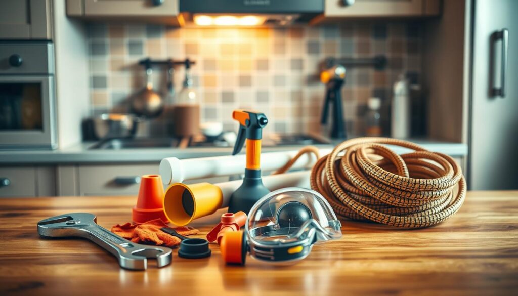 A well-lit kitchen interior with a focus on various plumbing safety tools and equipment arranged neatly on a wooden countertop. In the foreground, a wrench, plunger, and pipe cutter sit alongside a safety glove and goggles. In the middle ground, a PVC pipe, plumber's torch, and a rolled-up plumber's snake coil. The background features a tiled backsplash and cabinetry, creating a professional, workshop-like atmosphere. The lighting is warm and natural, casting soft shadows and highlighting the tools' details. The overall composition conveys a sense of organization, safety, and the importance of proper plumbing maintenance.