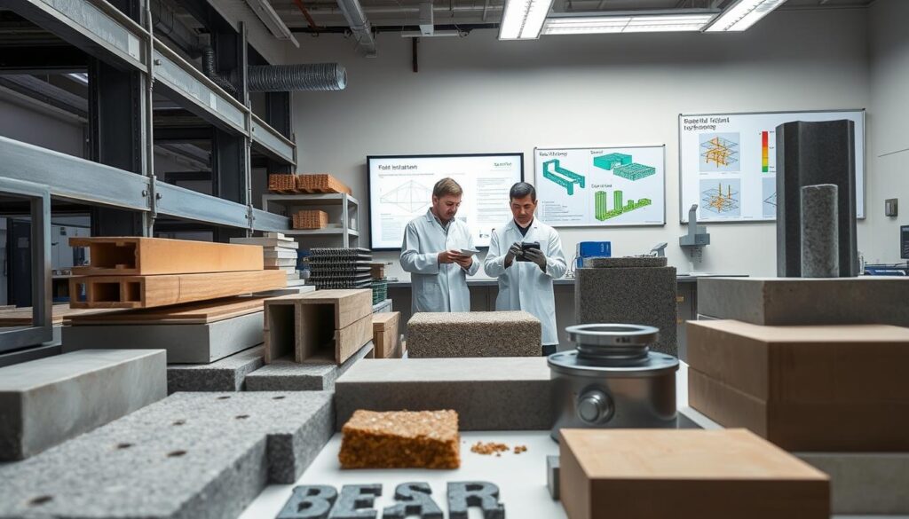 A well-lit laboratory setting showcasing a diverse array of earthquake-resistant building materials. In the foreground, high-tensile steel beams, fiber-reinforced concrete, and base isolation bearings are prominently displayed. In the middle ground, engineers in lab coats examine material samples under a microscope, analyzing their structural integrity and seismic performance. The background features a wall-mounted display presenting technical diagrams and simulations of how these innovative materials can be integrated into earthquake-resistant architectural designs. The overall scene conveys a sense of scientific rigor, technological advancement, and a commitment to creating safer, more resilient built environments.