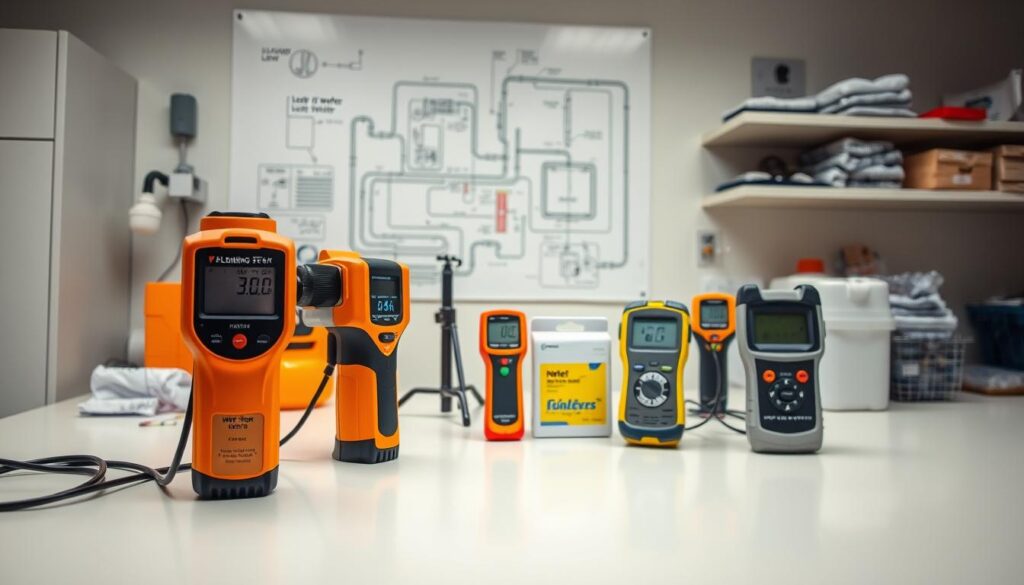 A well-lit laboratory setting with various leak detection tools and equipment prominently displayed on a clean, organized workbench. In the foreground, a digital leak detector and a handheld infrared camera capture the viewer's attention. In the middle ground, a water flow meter, a pipe dye test kit, and a moisture meter stand ready for use. The background features a schematic diagram of a plumbing system, highlighting the importance of thorough leak detection and prevention. The overall atmosphere conveys a sense of professionalism, attention to detail, and a commitment to ensuring the safety and integrity of a home's water supply.