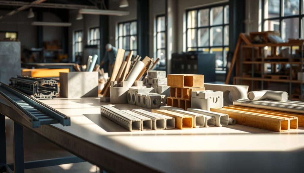 A well-lit laboratory table showcases an array of civil engineering materials, including steel girders, concrete blocks, PVC pipes, and wood beams. The materials are meticulously arranged, casting dramatic shadows on the table's surface, illuminated by a soft, natural light from a large window. The background is blurred, emphasizing the focus on the materials. The overall atmosphere conveys a sense of precision, technical expertise, and the role these materials play in shaping the built environment.