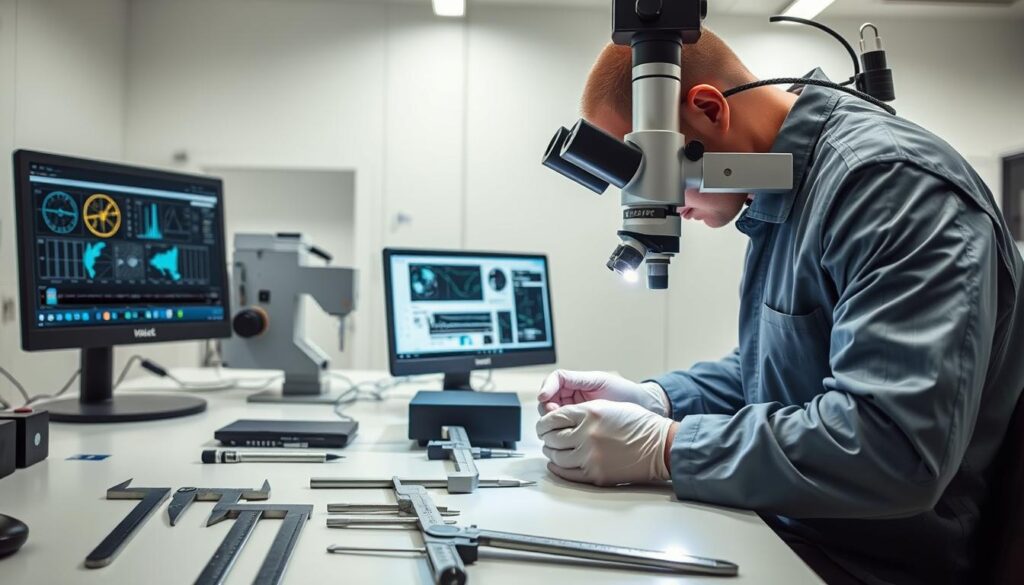 A well-lit laboratory workspace with a technician carefully inspecting a metal sample under a high-magnification microscope. The foreground features an array of precision measurement tools, including calipers and micrometers, neatly arranged on a clean workbench. In the middle ground, a computer display shows detailed material analysis data. The background depicts a modern, minimalist lab environment with sleek equipment and pristine white walls, conveying a sense of quality control and attention to detail.