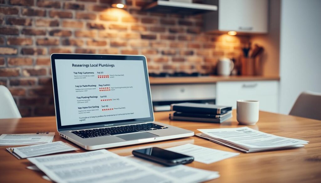 A well-lit, modern kitchen table with a laptop, smartphone, and various documents strewn across its surface. The table is set against a warm, inviting wall of textured brick. Customers' handwritten reviews and ratings are prominently displayed on the laptop's screen, reflecting the subject's focus on researching and evaluating local plumbers. The overall atmosphere conveys a sense of careful consideration and decision-making, with the viewer drawn to the informative content on the screen.