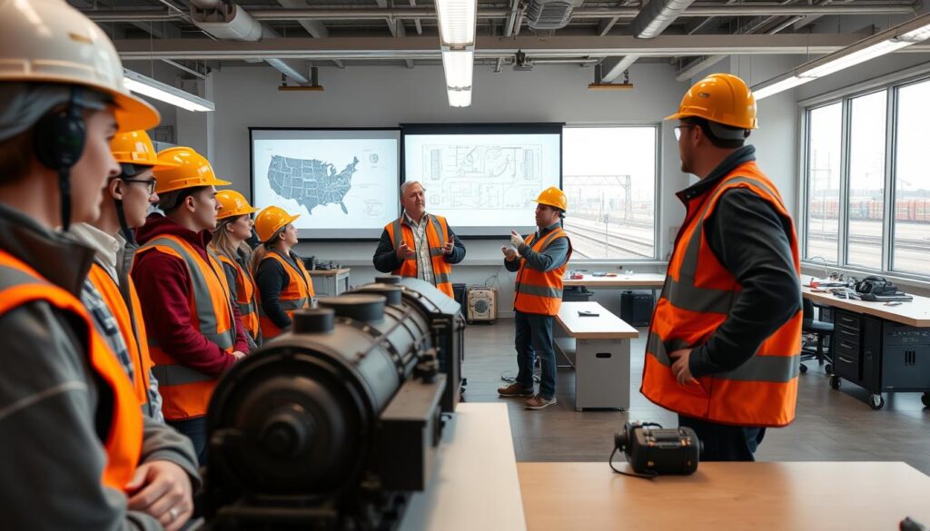 A well-lit, modern railway engineering training facility. In the foreground, a group of students in hard hats and reflective vests examining a detailed model of a train engine. In the middle ground, an instructor gesticulating animatedly as they explain technical schematics projected on a large screen. The background features rows of workbenches equipped with tools and equipment, as well as a panoramic window overlooking a busy rail yard. The atmosphere is one of focused, hands-on learning, with a sense of excitement and possibility around the future of rail infrastructure.