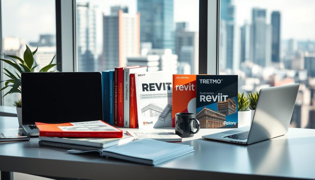 A well-lit office desk featuring various Revit software learning resources - textbooks, online tutorials, reference guides, and project files. The desk is positioned in front of a large window, bathing the scene in natural light. A laptop, coffee mug, and a few potted plants add to the productive and focused atmosphere. The background is a blurred view of a modern city skyline, conveying a sense of the professional, urban setting. The composition emphasizes the curated collection of Revit educational materials, inviting the viewer to explore and expand their Revit knowledge.